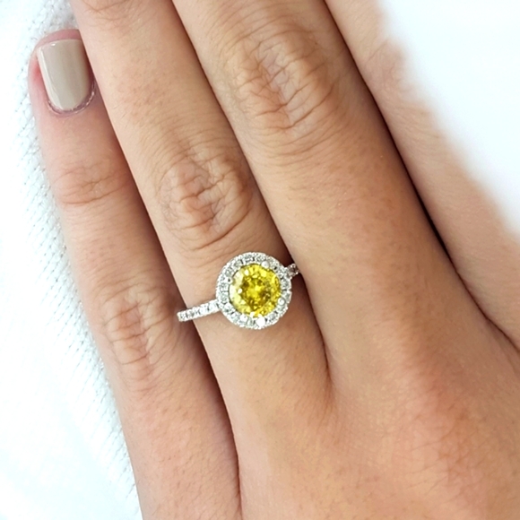 Halo Diamond Engagement Ring Fancy Yellow Round Shape 1.41 TCW 14K White Gold - Picture 1 of 11